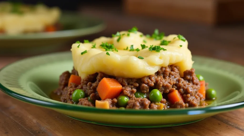 Layered Crockpot Shepherd's Pie with mashed potatoes, ground meat, peas, and carrots, garnished with fresh parsley on a green plate.