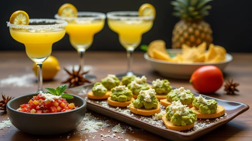 Pineapple Margarita with a tropical appetizer spread featuring guacamole bites and fresh salsa.