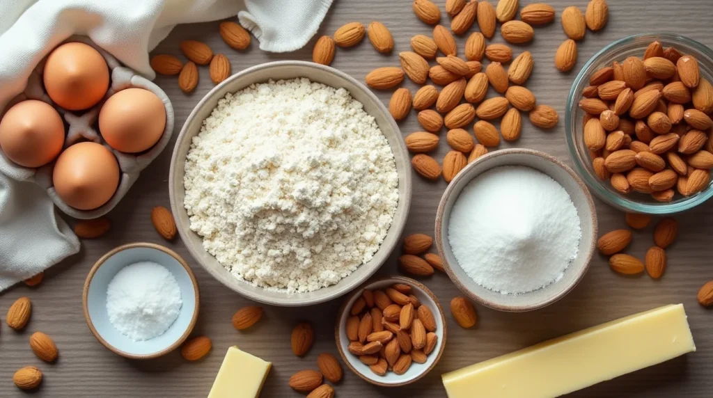 A top-down view of ingredients for almond nut cake, including almond flour, whole almonds, eggs, sugar, butter, and salt, arranged on a wooden surface.
