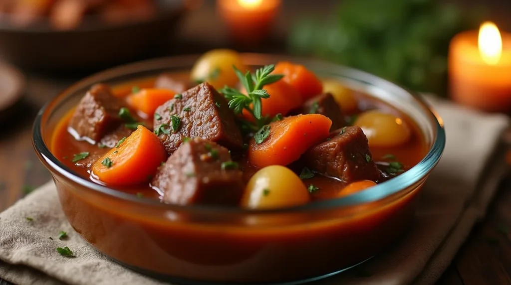 A bowl of hearty Dinty Moore beef stew recipe with tender beef chunks, carrots, and potatoes in a rich broth.