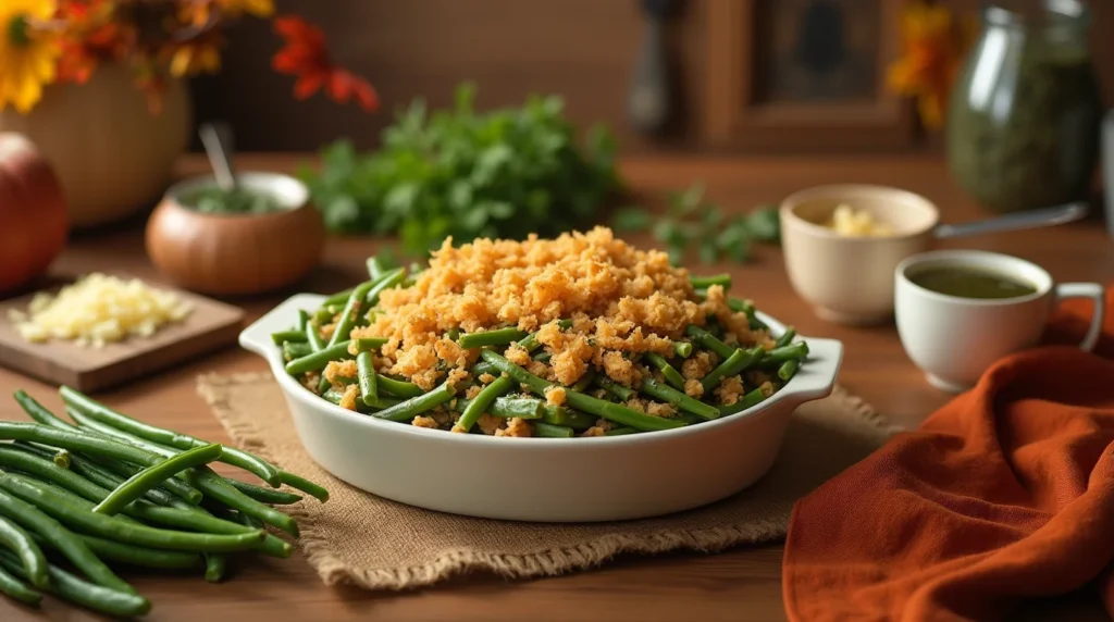 A beautifully arranged Campbell Soup Green Bean Casserole Recipe topped with crispy breadcrumbs, served in a white casserole dish, surrounded by fresh ingredients like green beans and seasoning on a rustic kitchen table.