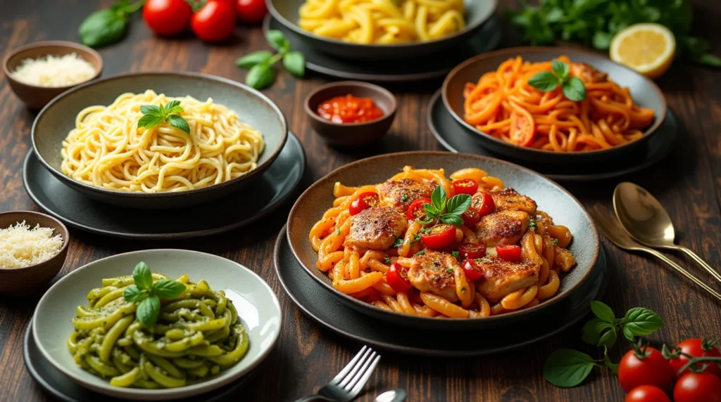 Variety of chicken pasta dishes with different sauces and garnishes on a wooden table.