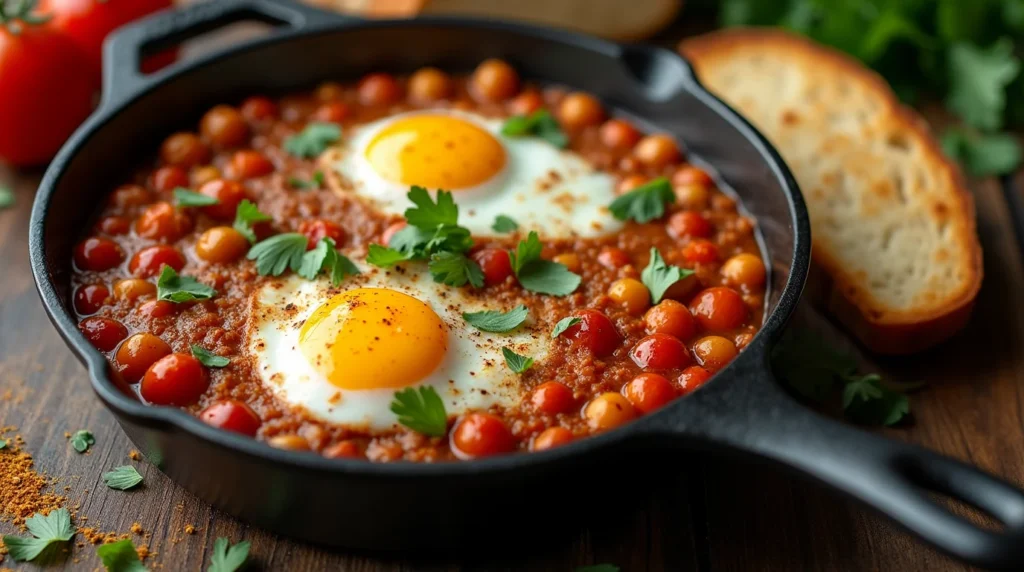 Chickpea shakshuka with poached eggs, cherry tomatoes, and fresh parsley in a cast-iron skillet, served with toasted bread.