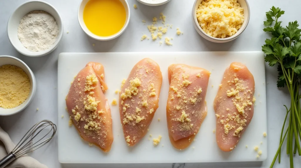 Raw chicken breasts prepared for Longhorn Parmesan Crusted Chicken with breadcrumbs and cheese on a clean countertop.