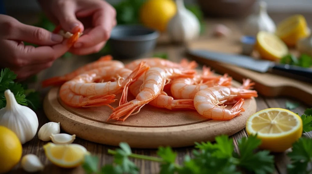 Fresh shrimp being prepared on a wooden board with garlic, parsley, and lemon, perfect for an olive garden shrimp scampi recipe.