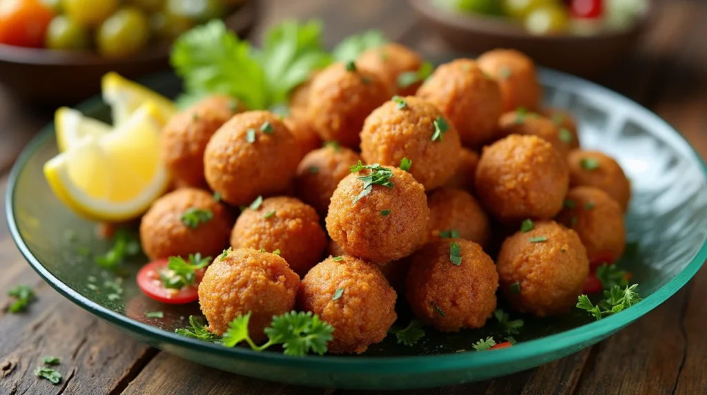 A plate of perfectly crunchy fried kibbeh balls garnished with fresh parsley and served with lemon wedges, showcasing their golden texture.