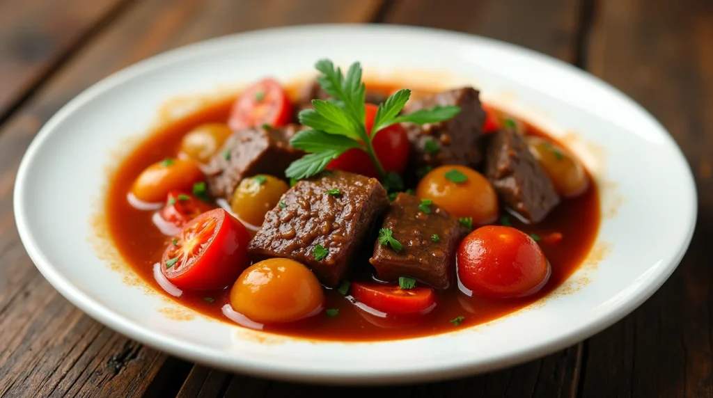 A hearty bowl of tomato beef stew with tender beef chunks, cherry tomatoes, and fresh parsley garnish.