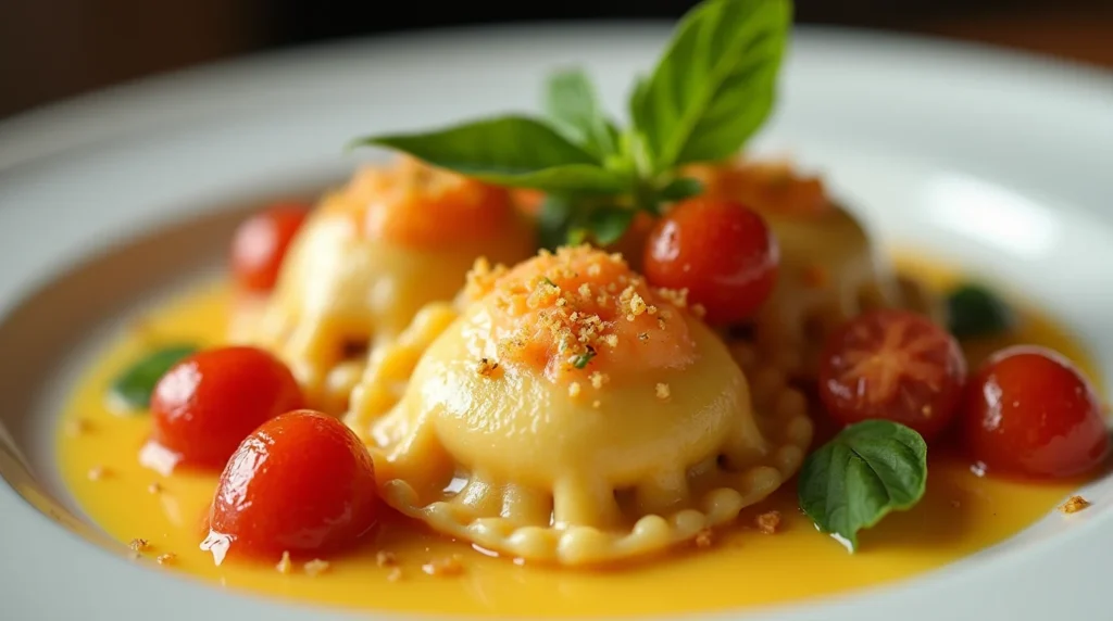 Lobster Ravioli served with cherry tomatoes, basil leaves, and a golden sauce on a white plate.