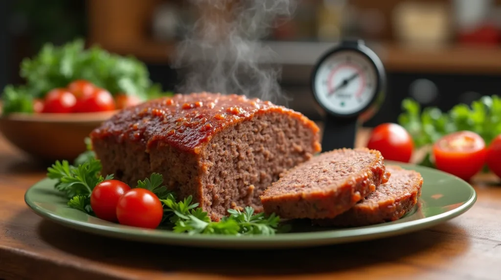 perfectly cooked meatloaf sliced open showcasing a juicy interior with steam rising, topped with glaze, garnished with parsley and cherry tomatoes on a green plate.