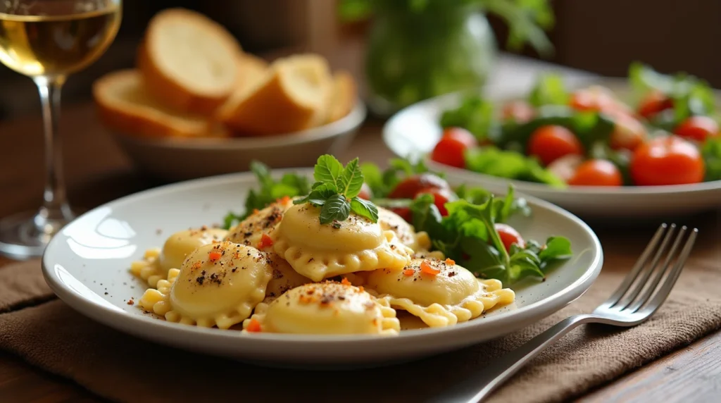 Plate of Ravioli Carbonara served with a fresh green salad and bread.