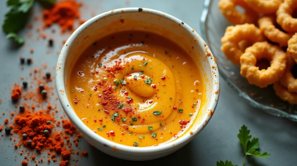 A bowl of creamy orange sauce garnished with spices, accompanied by crispy fried calamari rings on a plate.