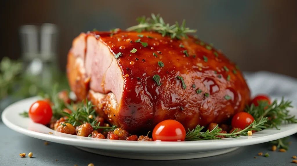 A perfectly glazed ham garnished with fresh rosemary and cherry tomatoes, prepared using a 3-ingredient ham glaze recipe.