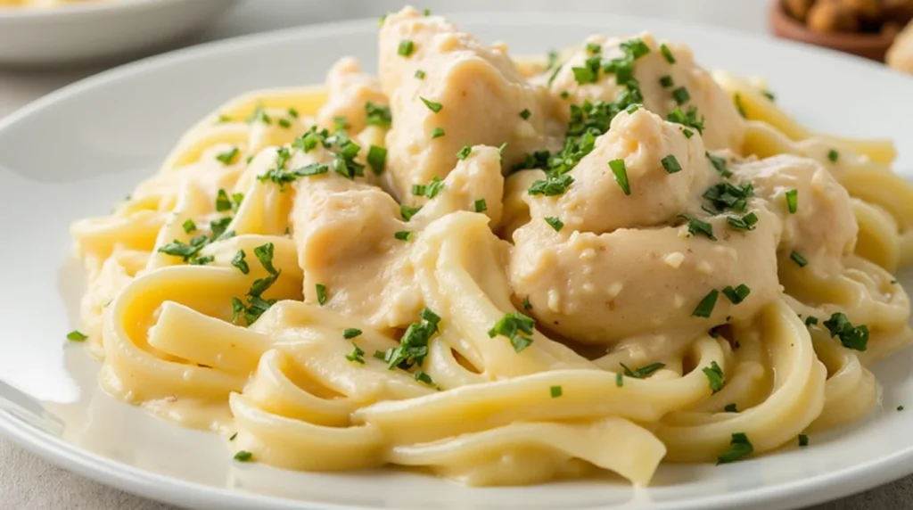 A plate of creamy baked chicken fettuccine alfredo topped with freshly chopped parsley.