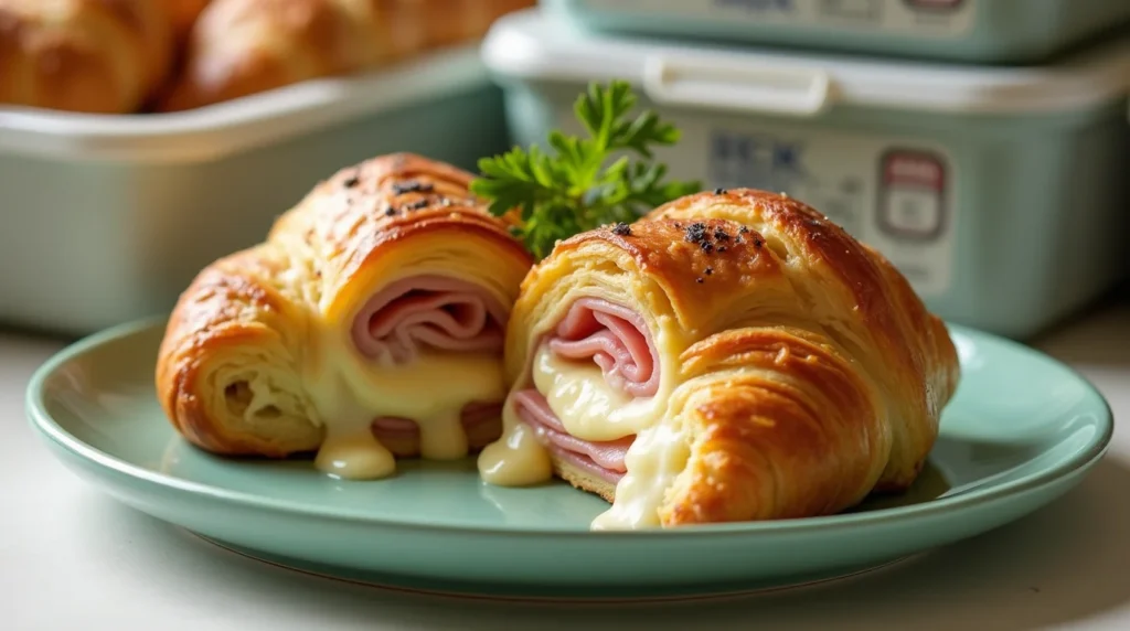Golden brown ham and cheese croissant with melted cheese oozing, served on a pastel green plate.