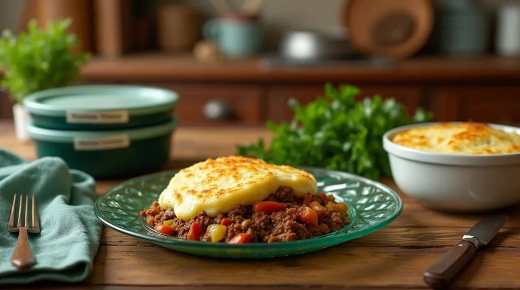 Make-ahead Shepherd's Pie served on a green glass plate with creamy mashed potato topping, surrounded by rustic kitchen elements.