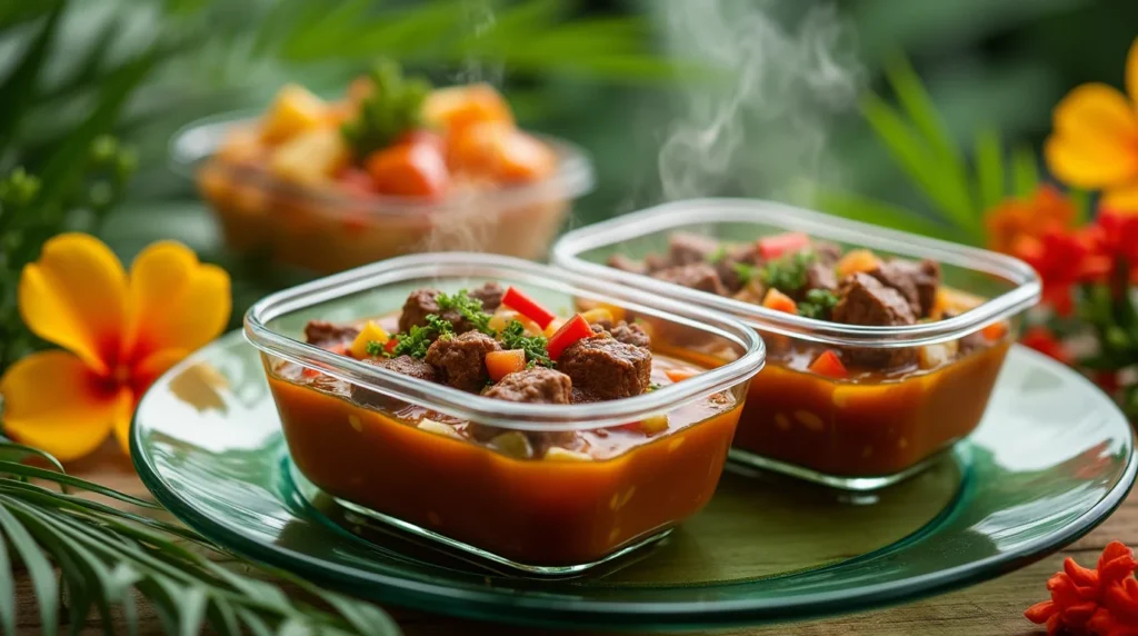 Hawaiian beef stew leftovers stored in clear glass containers, with steam rising, surrounded by tropical flowers and greenery.