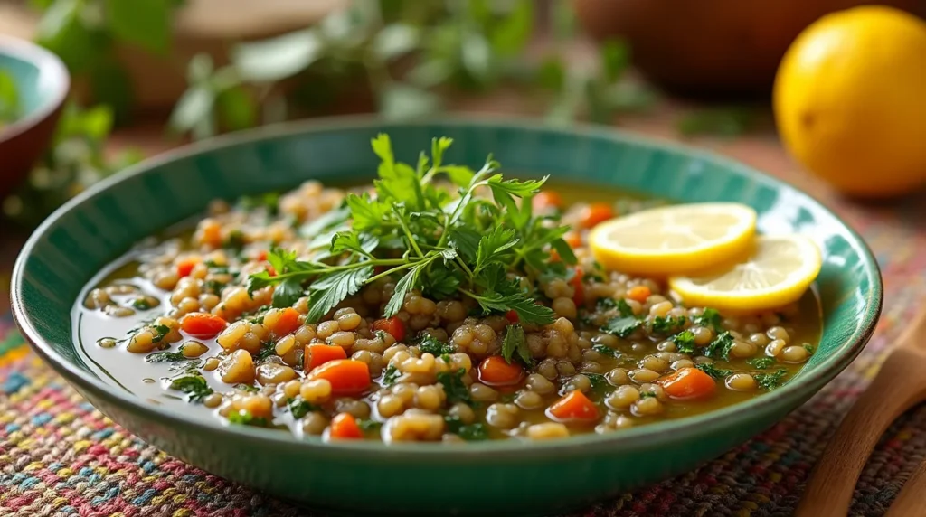 Bowl of Mediterranean lentil soup garnished with fresh parsley and lemon slices.
