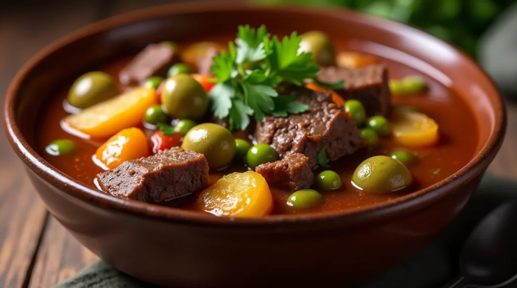A hearty bowl of Dinty Moore beef stew recipe with beef chunks, potatoes, peas, and green olives in a rich broth.