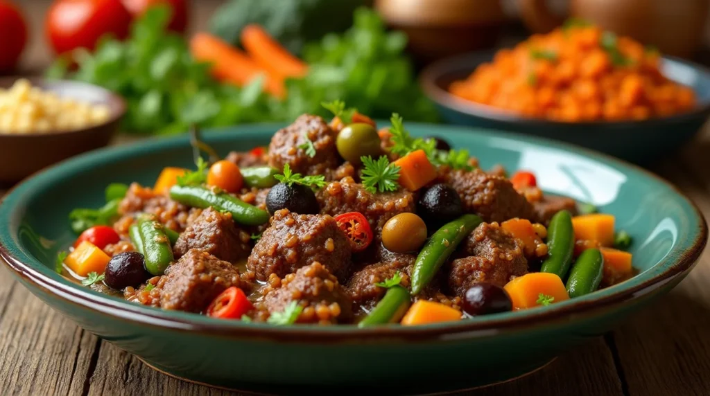 A vibrant plate of Beef Tagine with Green Beans and Olives, garnished with fresh herbs and colorful vegetables.