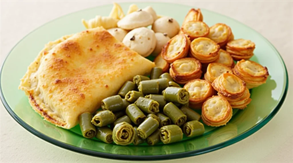 A plate of Trader Joe's frozen Greek appetizers, featuring spanakopita, stuffed grape leaves, phyllo bites, and mushroom puffs arranged on a green plate.