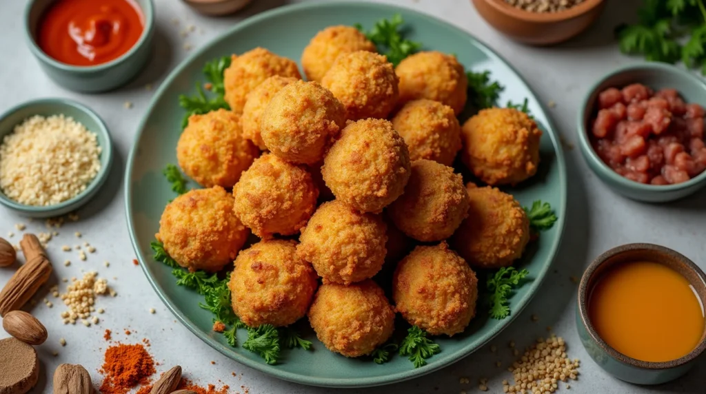 A plate of golden-brown fried kibbeh balls surrounded by spices and ingredients, showcasing their crispy outer layer.