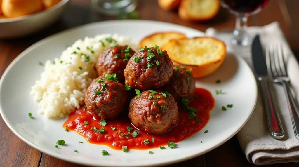 Soutzoukakia meatballs in tomato sauce with rice and toasted bread on a plate.