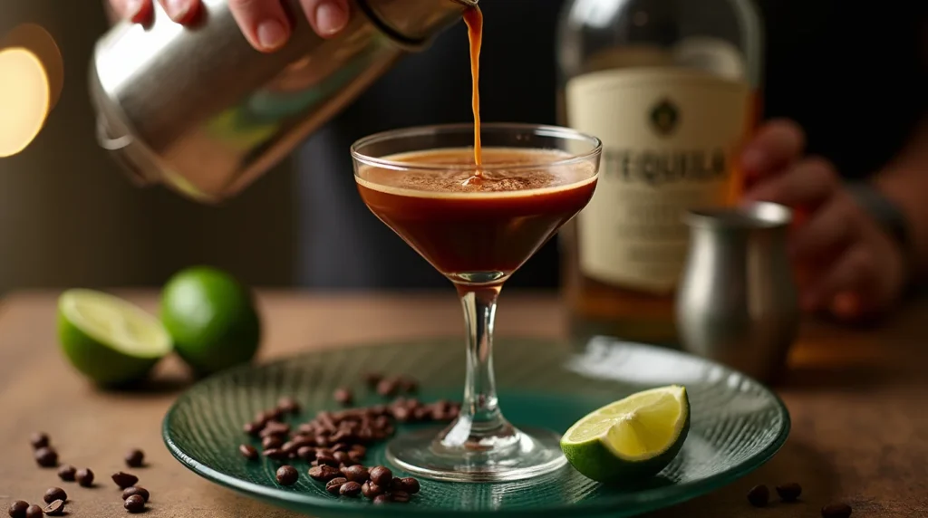 Mexican Espresso martini with tequila being poured into a cocktail glass, surrounded by coffee beans and lime slices.