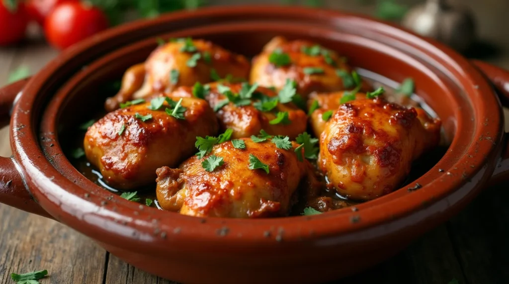 Tagine of Moroccan chicken with brown sugar and garlic, garnished with fresh parsley in a traditional clay pot.