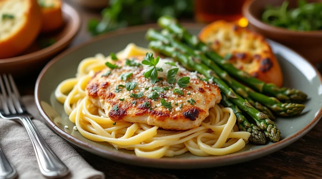 Garlic Parmesan Chicken Pasta served with asparagus and garlic bread on a plate.