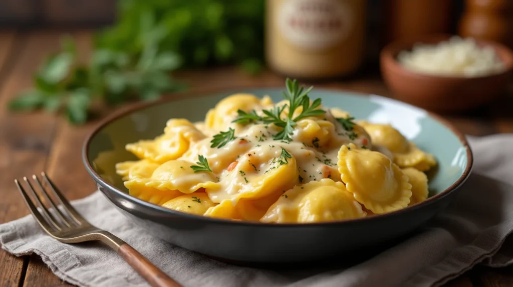 Bowl of creamy Ravioli Carbonara garnished with fresh parsley.