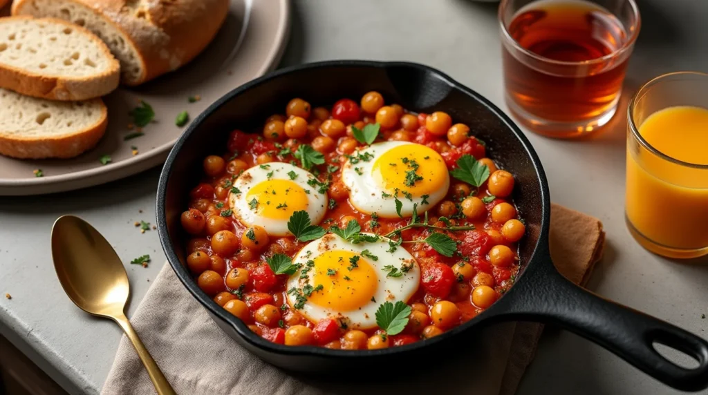 Chickpea shakshuka with poached eggs in a cast-iron skillet, served with slices of bread and glasses of orange juice and tea.