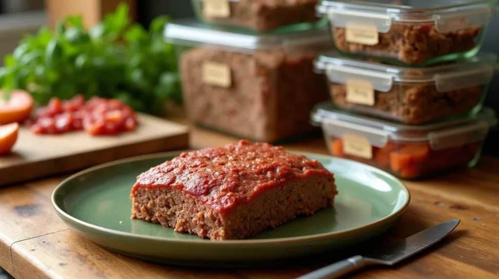 Single serving of meatloaf topped with tomato glaze on a green plate, surrounded by meal prep containers and fresh ingredients.