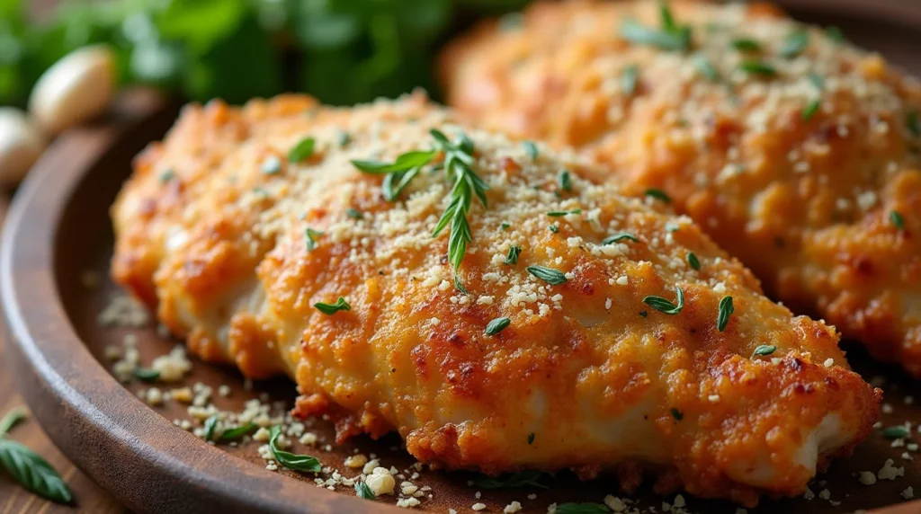 Crispy and golden Longhorn Parmesan Crusted Chicken garnished with herbs.