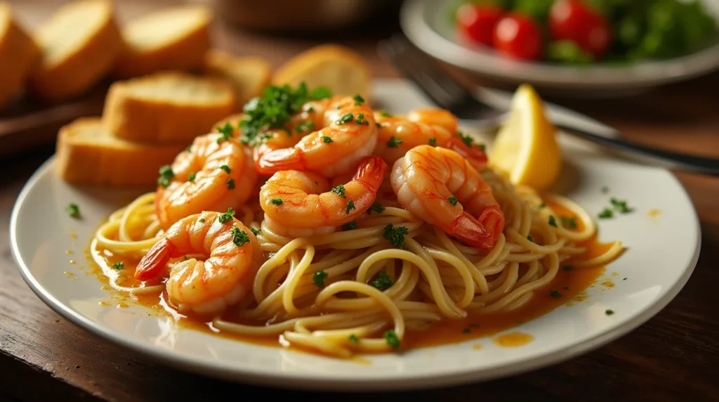A plate of olive garden shrimp scampi with spaghetti, garnished with parsley and served with lemon wedges and bread slices.