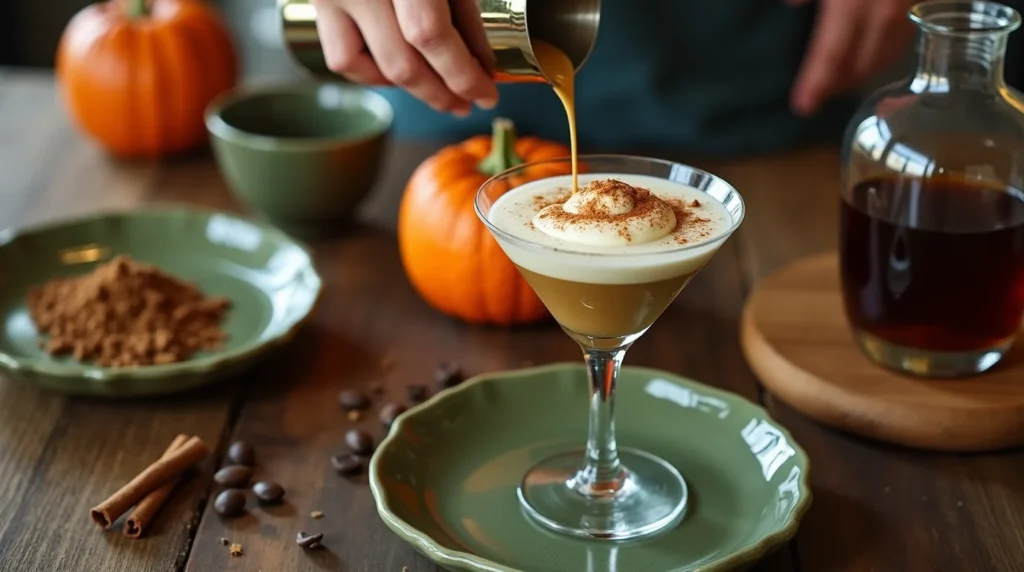Pouring pumpkin spice espresso martini into a glass with whipped cream topping.