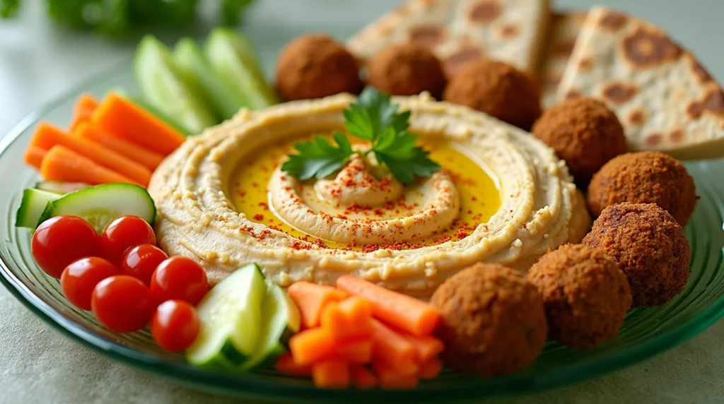 A vibrant serving platter featuring creamy hummus garnished with olive oil, paprika, and parsley, surrounded by falafel, fresh vegetables, cherry tomatoes, cucumber slices, carrot sticks, and warm pita bread.