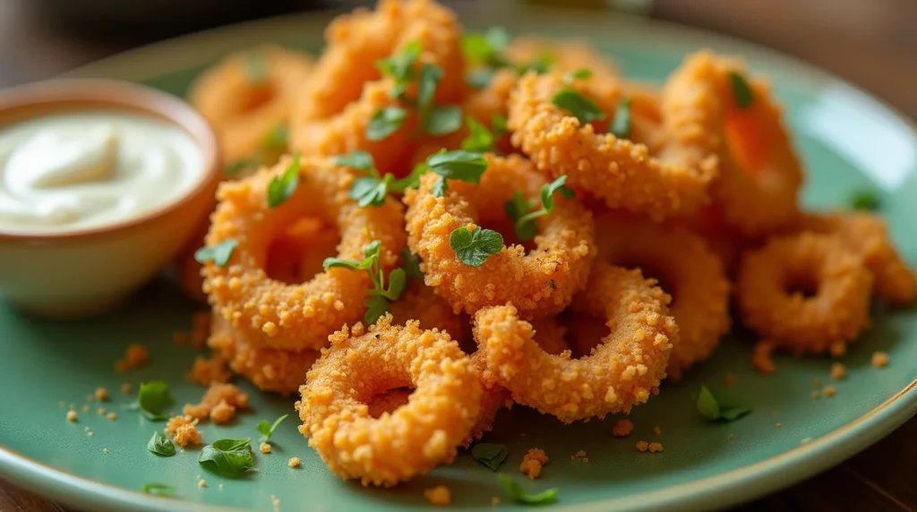 A plate of golden, crispy fried calamari garnished with fresh herbs and served with a creamy dipping sauce.