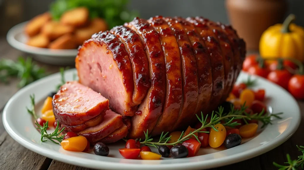 A beautifully glazed ham sliced and garnished with fresh rosemary, cherry tomatoes, and olives, prepared using a 3-ingredient ham glaze recipe.