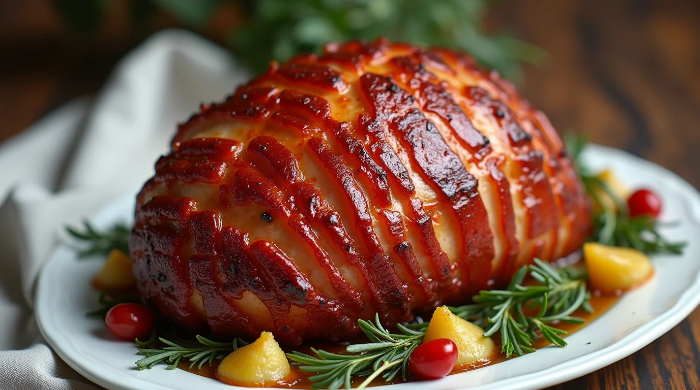 A beautifully glazed ham garnished with rosemary and fruits, showcasing a delicious 3-ingredient ham glaze recipe.