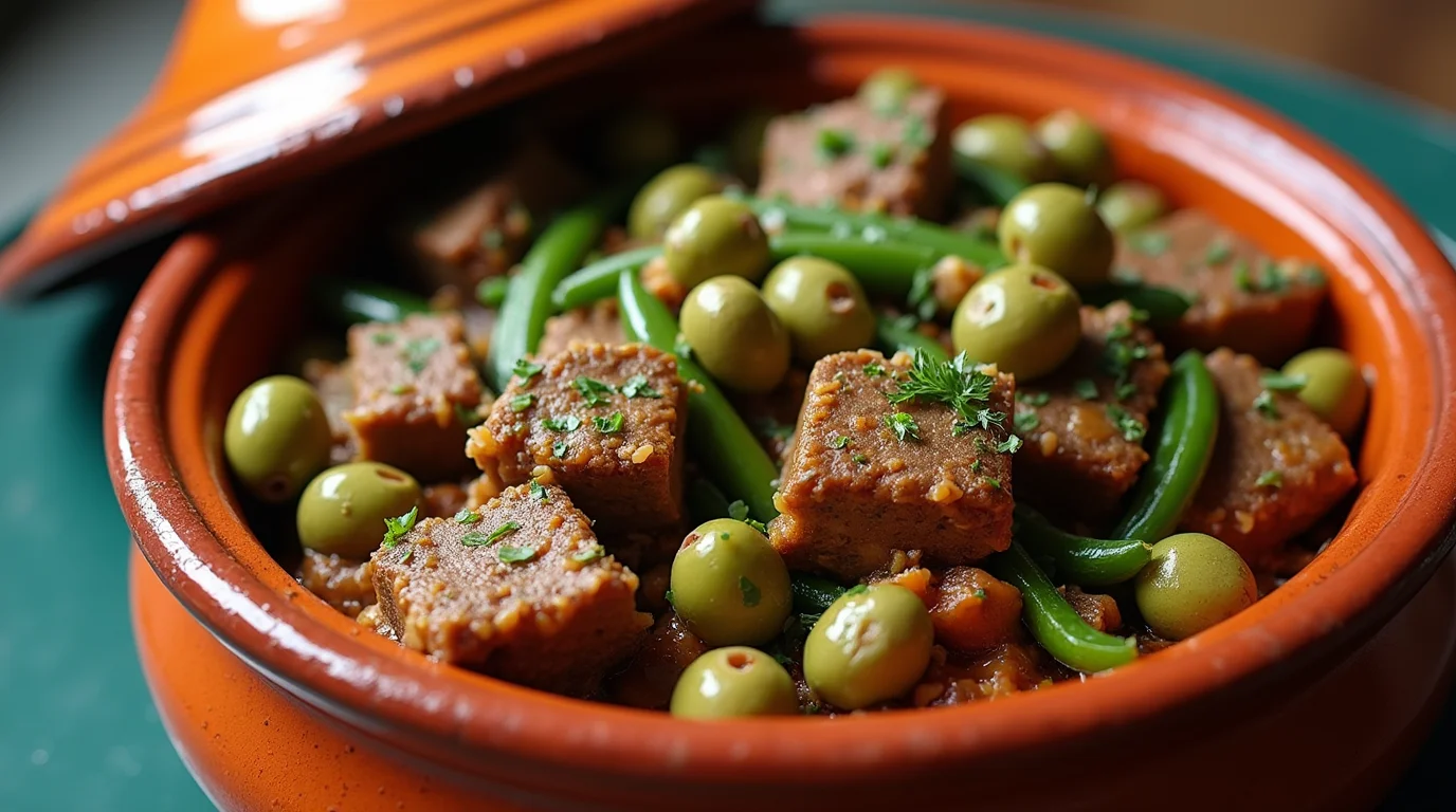 A vibrant serving of Beef Tagine with Green Beans and Olives, garnished with fresh parsley in a traditional clay pot.