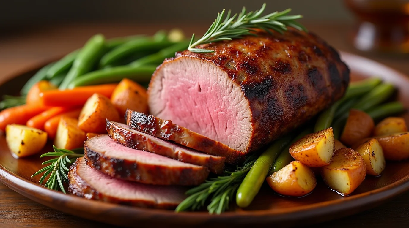 Bottom Round Roast Recipe with vegetables and potatoes.