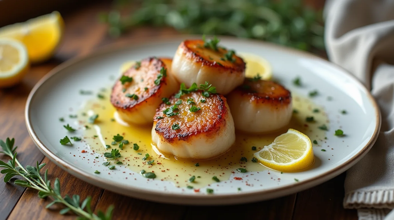 Plated callo de hacha recipe with seared scallops garnished with herbs and served with lemon wedges and butter sauce.