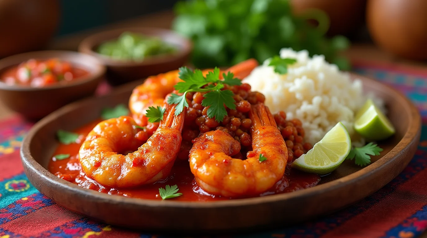 A vibrant plate of Camarones a la Diabla with juicy shrimp in a fiery red sauce, garnished with cilantro and lime, served with white rice and salsa on a colorful Mexican textile.