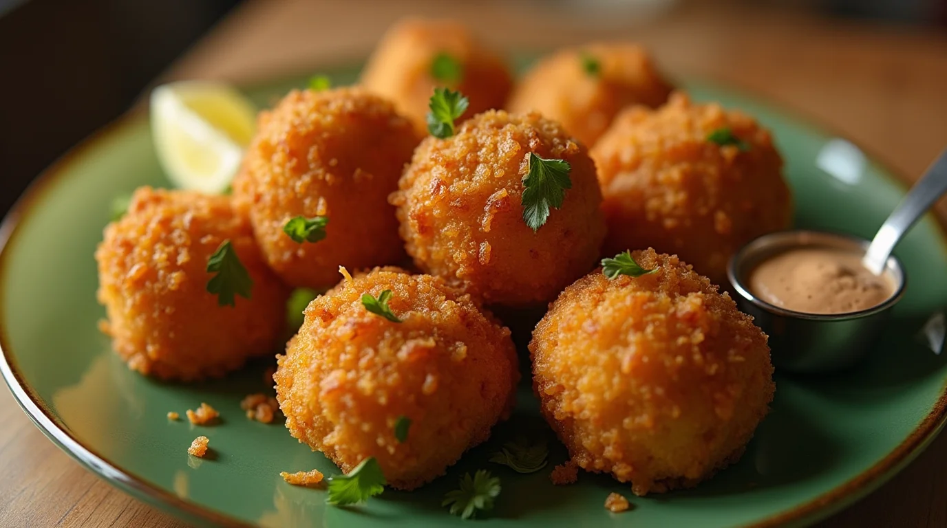 A plate of golden, crispy fried kibbeh garnished with fresh parsley, served with a side of dipping sauce and a lemon wedge.