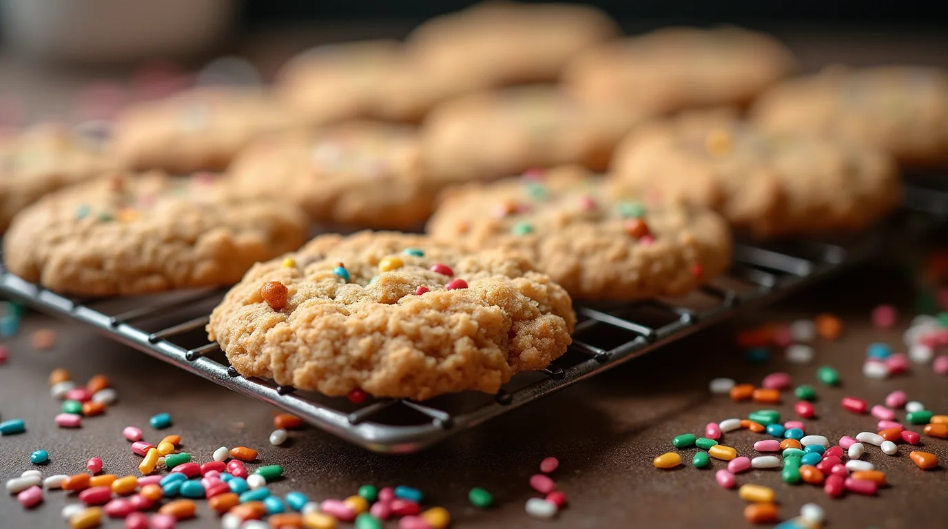 Crumbl Cookie Recipe with colorful sprinkles on a cooling rack.