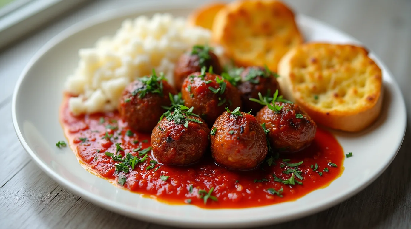 Plate of Greek Soutzoukakia meatballs in tomato sauce served with rice and garlic bread.