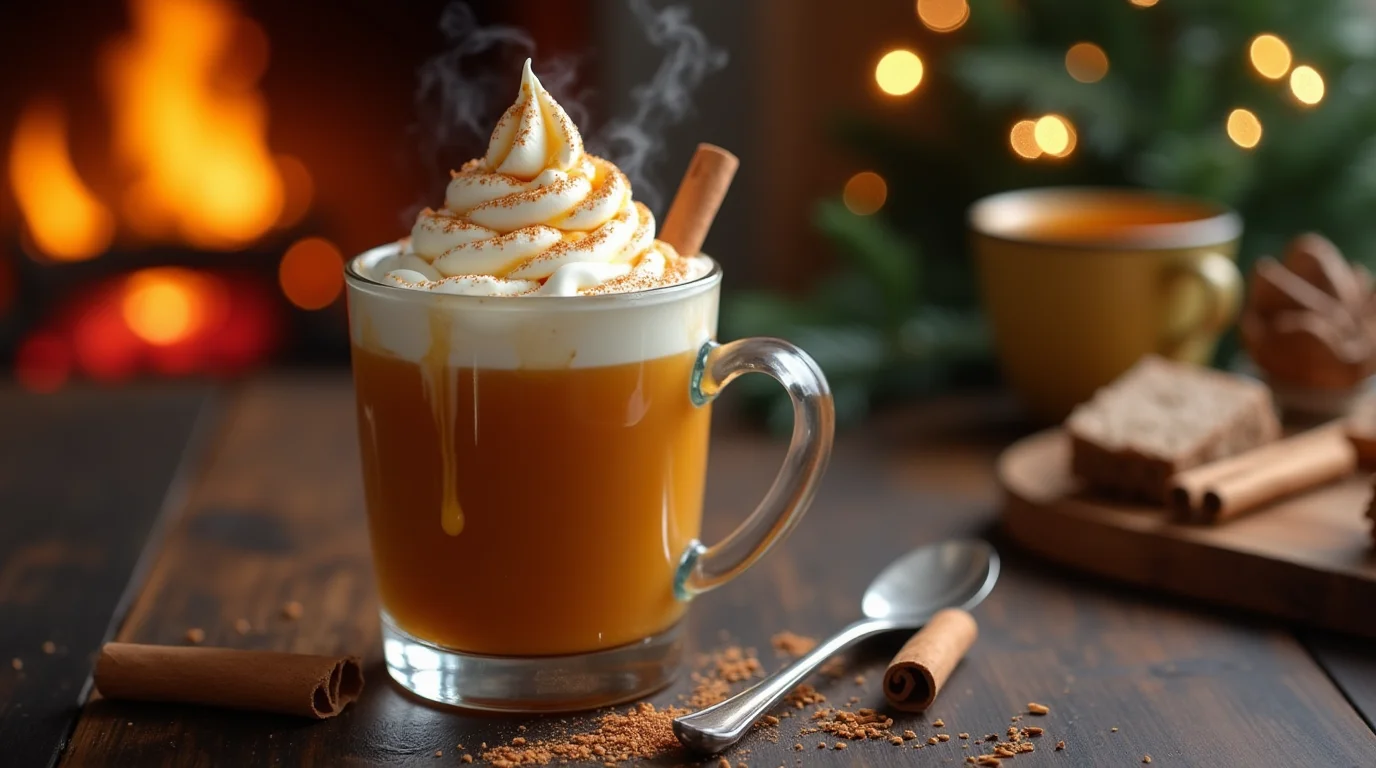 Hot buttered rum drink with ice cream topped with whipped cream and cinnamon in a cozy holiday setting.