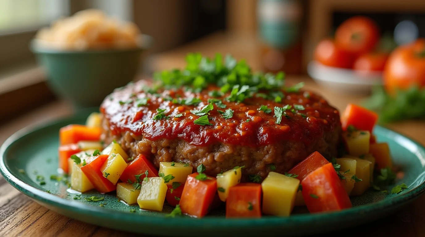 A freshly cooked Lipton meatloaf recipe topped with tomato glaze, garnished with parsley, and surrounded by diced potatoes and carrots on a green plate.