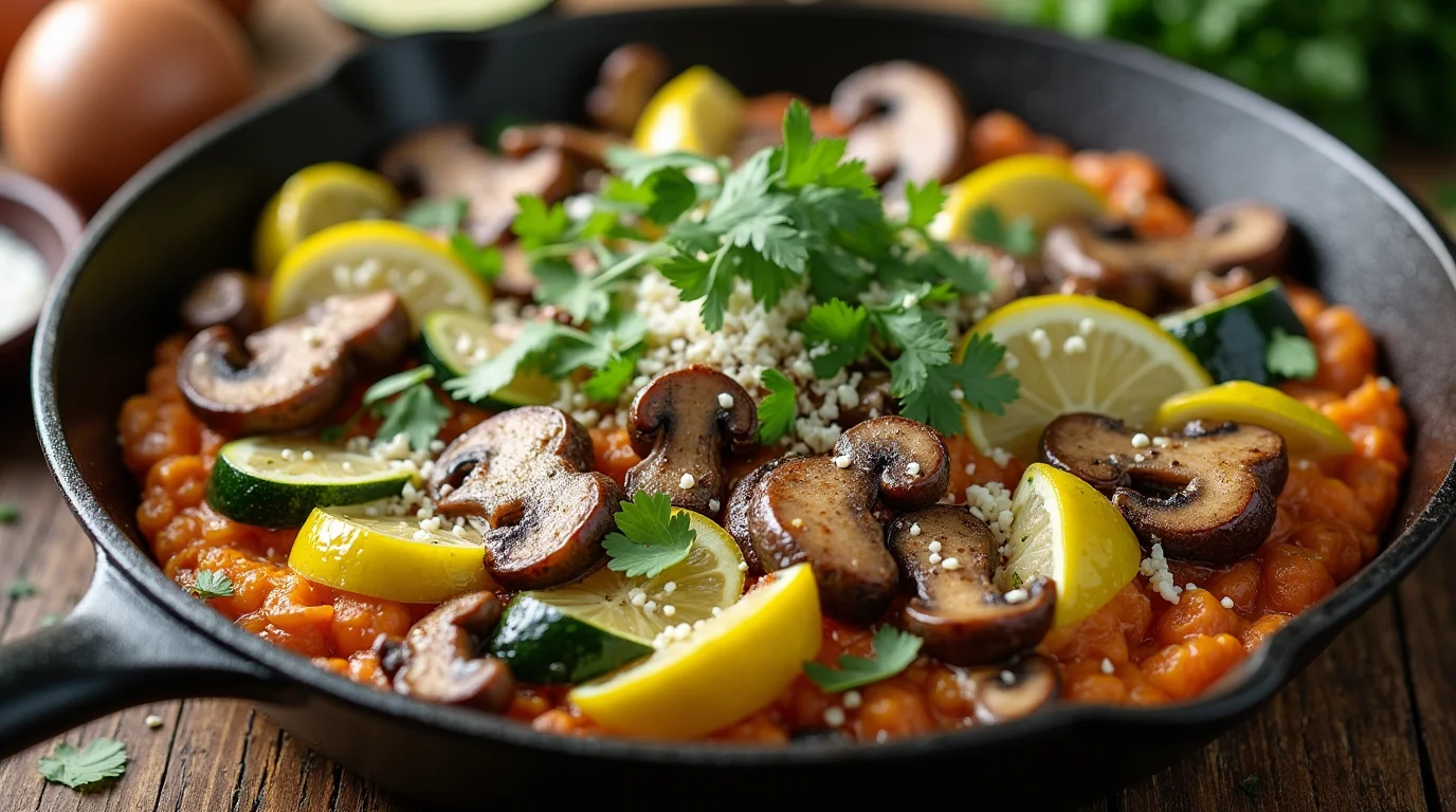 Delicious Mediterranean-Mexican Mushroom and Zucchini Skillet garnished with lemon slices, fresh cilantro, and feta cheese in a cast iron skillet.