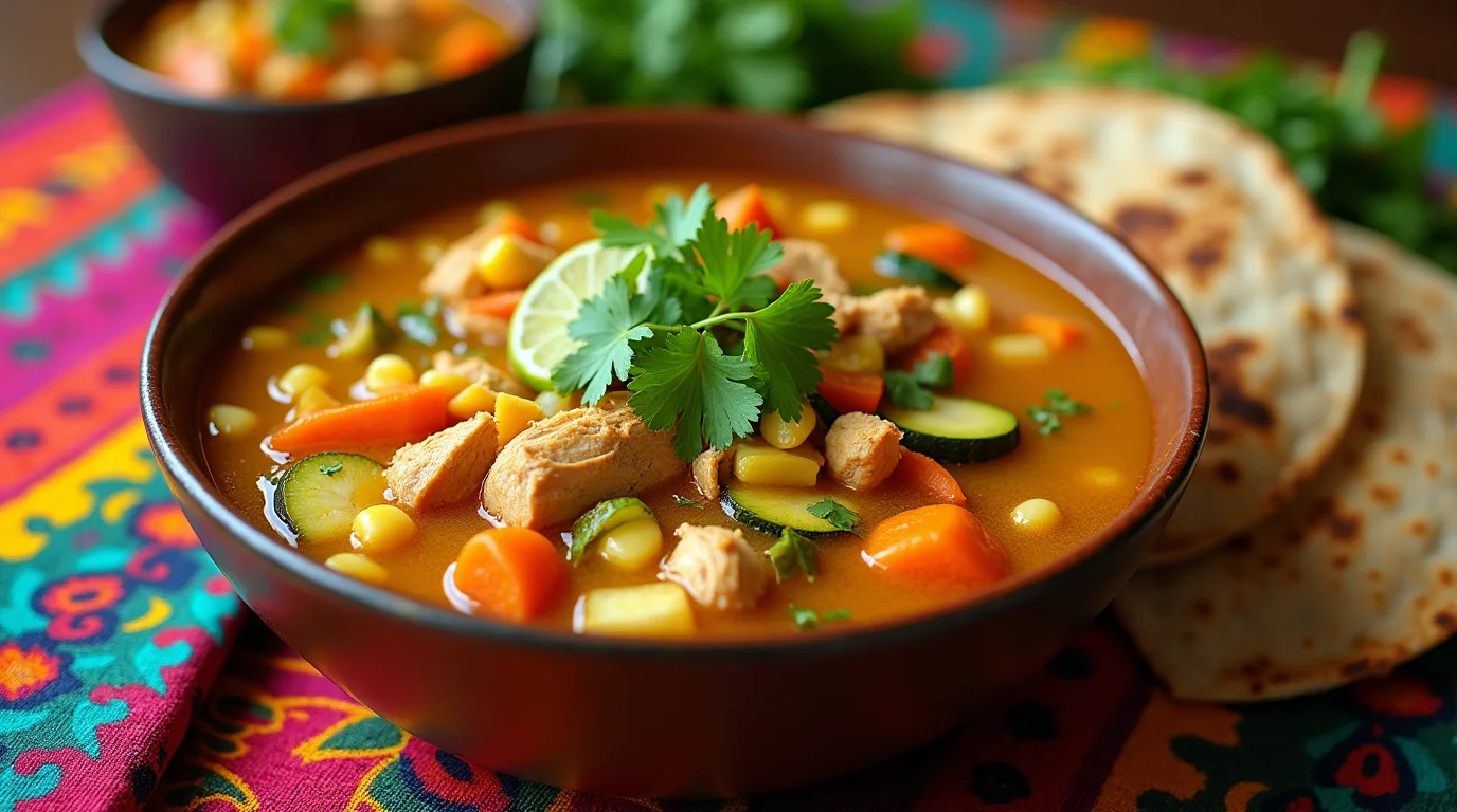 Vibrant bowl of Mexican chicken soup recipe with tender chicken, fresh vegetables, cilantro, and lime, served with tortillas on a colorful tablecloth.
